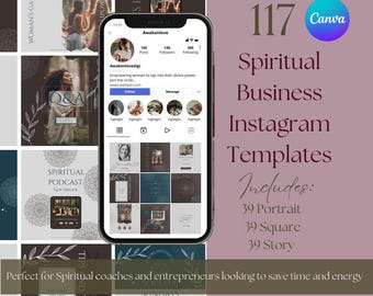 May include: A collection of 117 Instagram templates for spiritual businesses. The templates are in portrait, square, and story formats. The templates feature a variety of designs, including floral patterns, mandala designs, and minimalist designs. The templates are perfect for spiritual coaches, healers, and entrepreneurs.