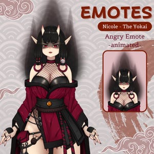 K&ouml;nnte beinhalten: Animierte digitale Illustration einer rothaarigen Frau mit H&ouml;rnern und schwarzen Augen. Sie tr&auml;gt ein rot-schwarzes Outfit mit einem schwarzen G&uuml;rtel und einem schwarzen Netz-Oberteil. Das Bild ist mit "Angry Emote -animated-  Nicole - The Yokai" beschriftet.