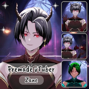 May include: A digital illustration of a premade vTuber character with black hair, red eyes, and horns. The character is wearing a red and gold outfit. The text "Premade vTuber Zane" is displayed on the image.