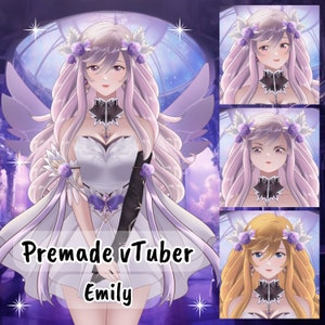 Peut inclure: Avatar virtuel pré-conçu Emily, un avatar numérique avec de longs cheveux violets, portant une robe blanche avec un corsage noir et une couronne de fleurs. L'arrière-plan est un dégradé violet et bleu avec une arche blanche.