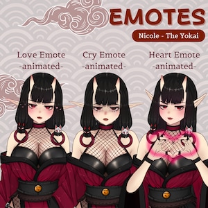 K&ouml;nnte beinhalten: Animierte digitale Illustrationen einer weiblichen Figur mit schwarzen Haaren und roten Augen, die ein schwarzes und rotes Outfit mit einem Netz-Oberteil tr&auml;gt, in drei verschiedenen Posen: Liebe, Weinen und Herz. Der Text "EMOTES" befindet sich oben im Bild, und der Text "Nicole - The Yokai" befindet sich darunter. Der Text "Love Emote -animated-" befindet sich &uuml;ber dem ersten Bild, "Cry Emote -animated-" &uuml;ber dem zweiten Bild und "Heart Emote -animated-" &uuml;ber dem dritten Bild.