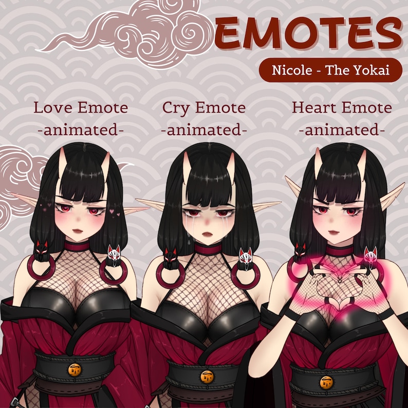 K&ouml;nnte beinhalten: Animierte digitale Illustrationen einer weiblichen Figur mit schwarzen Haaren und roten Augen, die ein schwarzes und rotes Outfit mit einem Netz-Oberteil tr&auml;gt, in drei verschiedenen Posen: Liebe, Weinen und Herz. Der Text "EMOTES" befindet sich oben im Bild, und der Text "Nicole - The Yokai" befindet sich darunter. Der Text "Love Emote -animated-" befindet sich &uuml;ber dem ersten Bild, "Cry Emote -animated-" &uuml;ber dem zweiten Bild und "Heart Emote -animated-" &uuml;ber dem dritten Bild.