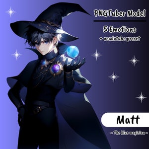 PNGTUBER | Matt, de blauwe tovenaar | 5 emoties | vTuber vooraf gemaakte assets voor streaming op twitch, kick, youtube en meer