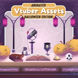 May include: Animated Vtuber Assets Halloween Edition: A purple and black scene with a microphone, a book, a skull, a goblet, two pumpkins, and two streetlights with pink lights.