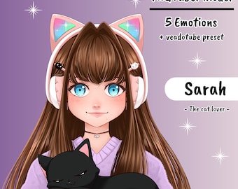 PNGTUBER | Sarah, the cat lover | 5 emotions | vTuber premade assets for streaming on twitch, kick, youtube and more