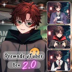 以下が含まれることがあります： 赤い髪、緑色の目、眼鏡をかけた、事前に作られたvTuberアバターのデジタルイラスト。アバターは、緑色のフード付きの灰色のパーカーを着ており、黄色のスマイリーフェイスのパッチが付いています。アバターの下には「Premade vTuber Ben 2.0」というテキストが表示されています。アバターは、お茶のカップを持っているポーズ、ビデオゲームのコントローラーを持っているポーズ、コーヒーのカップを持っているポーズの3つの異なるポーズで表示されています。