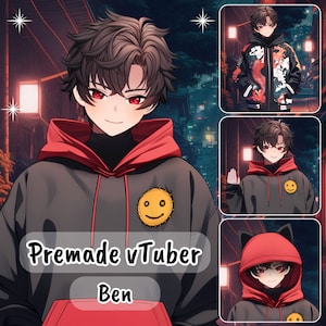 May include: Premade vTuber avatar with black hair, red hoodie, and a yellow smiley face patch. The text "Premade vTuber" and "Ben" are visible on the image.