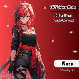 May include: A digital illustration of a female anime character with red and black hair, wearing a black leather jacket, red scarf, and black pants. The background is red with white stars. The text "PNGTuber Model 5 Emotions + veadotube preset" and "Nora - The red agent -" is also visible.