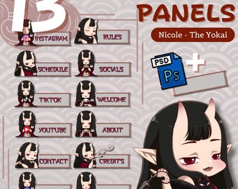 PANELS BUNDLE | Nicole the Yokai | 12 premade panels + customizable PSD | For Twitch, Discord, Youtube and more