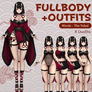 K&ouml;nnte beinhalten: Digitale Illustration einer weiblichen Figur mit roten und schwarzen Kleidungsst&uuml;cken und H&ouml;rnern. Die Figur wird in f&uuml;nf verschiedenen Outfits gezeigt, darunter ein schwarzer Body, ein rot-schwarzes Oberteil mit Rock, ein schwarzer BH und Rock sowie ein schwarzer BH und Shorts. Der Text "FULLBODY + OUTFITS" und "Nicole - The Yokai" wird oben im Bild angezeigt. Der Text "5 Outfits" wird unten im Bild angezeigt.