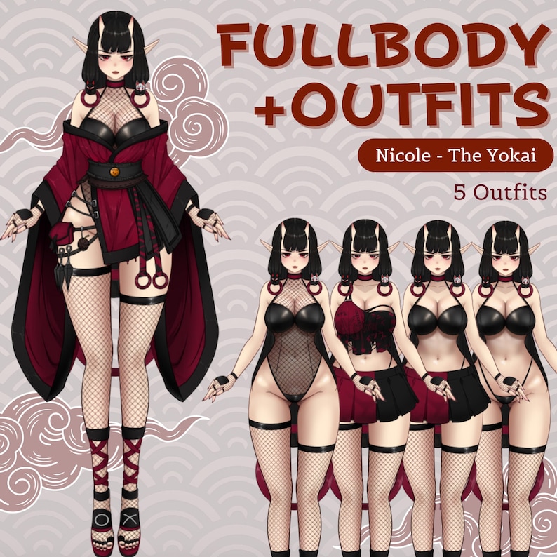 K&ouml;nnte beinhalten: Digitale Illustration einer weiblichen Figur mit roten und schwarzen Kleidungsst&uuml;cken und H&ouml;rnern. Die Figur wird in f&uuml;nf verschiedenen Outfits gezeigt, darunter ein schwarzer Body, ein rot-schwarzes Oberteil mit Rock, ein schwarzer BH und Rock sowie ein schwarzer BH und Shorts. Der Text "FULLBODY + OUTFITS" und "Nicole - The Yokai" wird oben im Bild angezeigt. Der Text "5 Outfits" wird unten im Bild angezeigt.