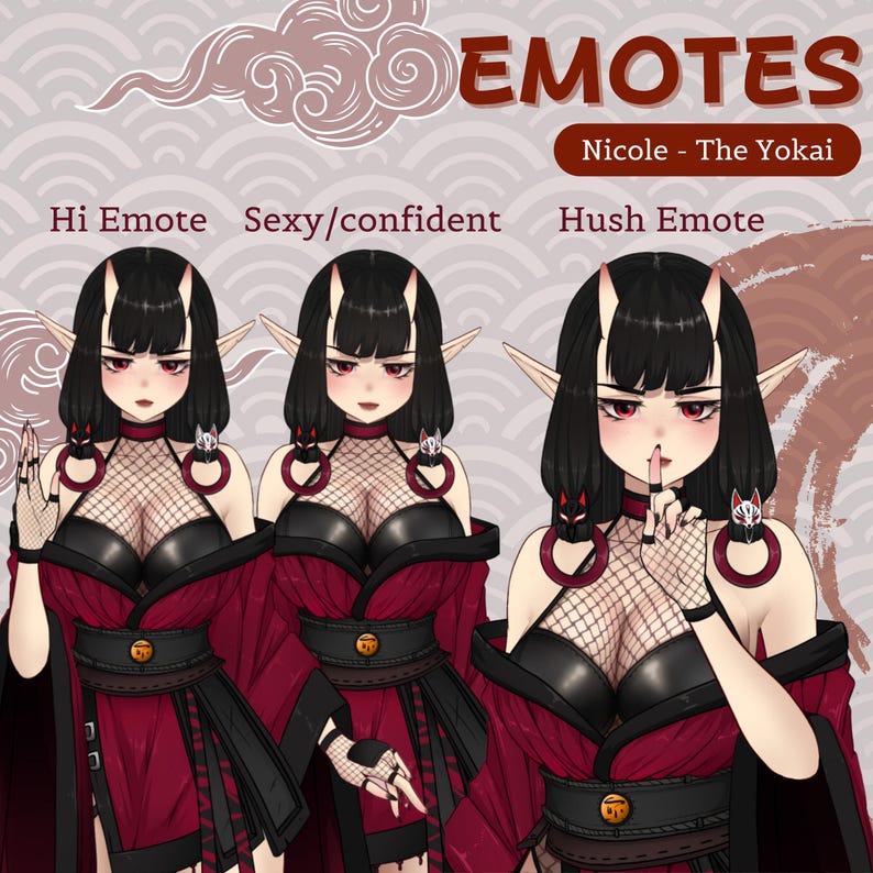 K&ouml;nnte beinhalten: Drei digitale Illustrationen einer Frau mit schwarzen Haaren und rot-schwarzer Kleidung. Die Frau ist mit verschiedenen Gesichtsausdr&uuml;cken und Handgesten dargestellt. Der Text "EMOTES" befindet sich oben im Bild. Der Text "Nicole - The Yokai" befindet sich unter dem Wort "EMOTES". Der Text "Hi Emote" befindet sich &uuml;ber der ersten Illustration. Der Text "Sexy/confident" befindet sich &uuml;ber der zweiten Illustration. Der Text "Hush Emote" befindet sich &uuml;ber der dritten Illustration.