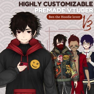 May include: An illustration of four anime-style characters, each with unique clothing and hairstyles. The central figure wears a black hoodie with a red interior and a yellow smiley face patch. Text at the top reads "HIGHLY CUSTOMIZABLE PREMADE VTUBER".