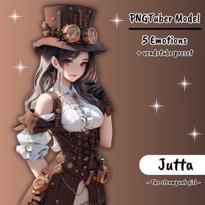 May include: A digital illustration of a steampunk-style anime character with brown hair, wearing a brown and gold top hat, goggles, and a brown and gold corset. The background is brown with white stars.