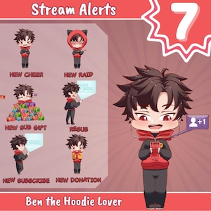 Peut inclure: Illustration numérique d'un personnage de dessin animé en sweat à capuche rouge, avec des graphiques d'alerte de flux. Le texte comprend "Stream Alerts", "New Cheer", "New Raid", "New Sub Gift", "Resub", "New Subscribe" et "New Donation". Le personnage est nommé "Ben the Hoodie Lover".