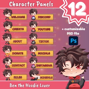 Peut inclure: Un ensemble de 12 panneaux de personnage personnalisables mettant en scène un personnage de dessin animé portant un sweat-shirt rouge. Les panneaux sont jaunes avec des contours noirs et présentent diverses étiquettes de texte telles que "Bienvenue", "Discord", "Crédits", "YouTube", "À propos", "TikTok", "Faire un don", "Réseaux sociaux", "Contact", "Instagram", "Règles" et "Horaire".