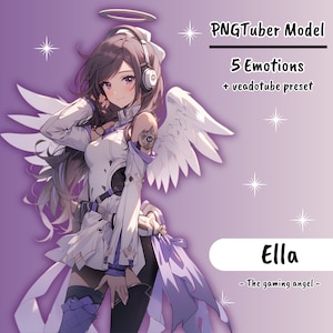 Puede incluir: Una ilustración digital de un personaje femenino de anime con cabello largo morado, vistiendo un atuendo blanco con alas de ángel, auriculares y un halo. El texto "PNGTuber Model", "5 Emotions", "+ veadotube preset", "Ella", y "The gaming angel" también está incluido en la imagen.