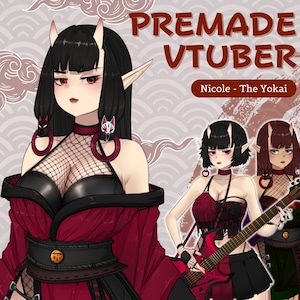 K&ouml;nnte beinhalten: Eine digitale Illustration eines vorgefertigten Vtuber-Charakters namens Nicole - The Yokai. Der Charakter hat rot-schwarzes Haar mit H&ouml;rnern, rote Augen und tr&auml;gt ein rot-schwarzes Outfit mit einem schwarzen G&uuml;rtel. Der Charakter h&auml;lt eine rote E-Gitarre.
