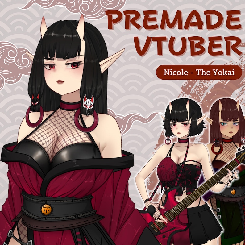 K&ouml;nnte beinhalten: Eine digitale Illustration eines vorgefertigten Vtuber-Charakters namens Nicole - The Yokai. Der Charakter hat rot-schwarzes Haar mit H&ouml;rnern, rote Augen und tr&auml;gt ein rot-schwarzes Outfit mit einem schwarzen G&uuml;rtel. Der Charakter h&auml;lt eine rote E-Gitarre.