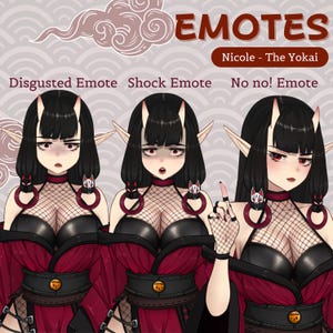 K&ouml;nnte beinhalten: Drei digitale Illustrationen einer Frau mit schwarzen Haaren und roten Augen, die ein rot-schwarzes Outfit mit einem schwarzen Netz-Oberteil tr&auml;gt. Die Frau dr&uuml;ckt verschiedene Emotionen aus: angewidert, geschockt und sagt "Nein nein!"