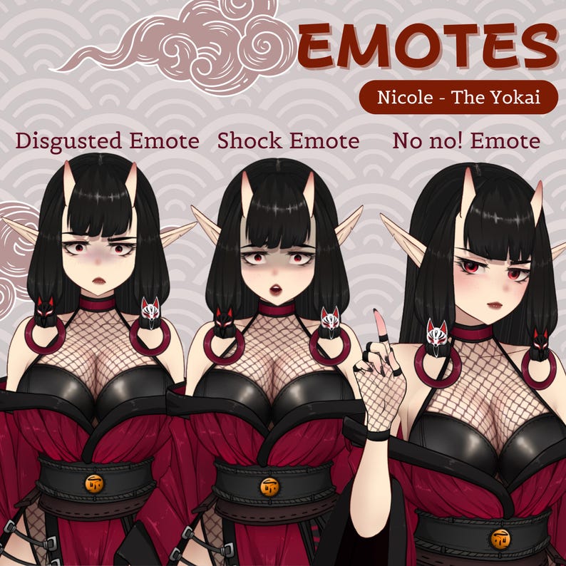 K&ouml;nnte beinhalten: Drei digitale Illustrationen einer Frau mit schwarzen Haaren und roten Augen, die ein rot-schwarzes Outfit mit einem schwarzen Netz-Oberteil tr&auml;gt. Die Frau dr&uuml;ckt verschiedene Emotionen aus: angewidert, geschockt und sagt "Nein nein!"