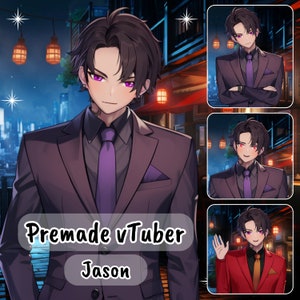 May include: A digital illustration of a premade vTuber character named Jason. The character has dark hair, purple eyes, and is wearing a purple suit with a purple tie. The image includes three different poses of the character.