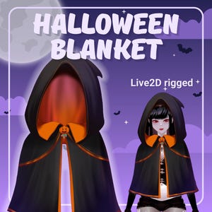 Könnte beinhalten: Ein schwarzer und orangefarbener Umhang im Halloween-Stil mit einem Kürbisdesign. Der Umhang ist für Live2D-Animationen animiert.
