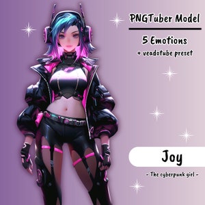 PNGTUBER | Joy, the cyberpunk girl | 5 emotions | vTuber premade assets for streaming on twitch, kick, youtube and more