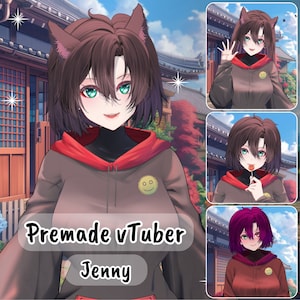 Op de afbeelding: Een digitale illustratie van een cartoonfiguur met bruin haar, groene ogen en kattenoren. Het personage draagt een bruine hoodie met een rode capuchon en een gele smiley op de voorkant. De tekst "Premade vTuber Jenny" wordt onder het personage weergegeven.