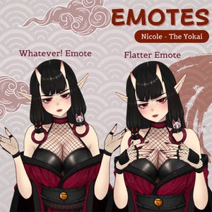 K&ouml;nnte beinhalten: Zwei digitale Illustrationen einer Frau mit schwarzen Haaren und roten Augen, die ein schwarzes Ledertop, einen rot-schwarzen Kimono und schwarze fingerlose Handschuhe tr&auml;gt. Die Frau links macht mit ihren H&auml;nden eine "egal"-Geste, w&auml;hrend die Frau rechts mit ihren H&auml;nden eine schmeichelhafte Geste macht. Der Text "Whatever! Emote" befindet sich &uuml;ber der Frau links, und der Text "Flatter Emote" befindet sich &uuml;ber der Frau rechts. Der Text "EMOTES" befindet sich oben im Bild, und der Text "Nicole - The Yokai" befindet sich darunter.