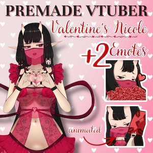 May include: A digital illustration for a premade VTuber, "Valentine's Nicole," featuring a character with black hair, red accents, and devil horns. The image includes two emotes and the word "animated."