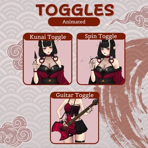 K&ouml;nnte beinhalten: Animierte Umschalttaste mit einer Frau mit schwarzen Haaren und roter Kleidung. Die Tasten sind mit "Kunai Toggle", "Spin Toggle" und "Guitar Toggle" beschriftet.