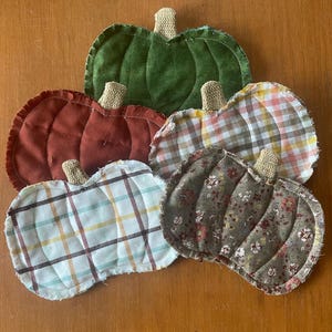 Peut inclure: Cinq décorations en tissu en forme de citrouille avec des motifs et textures variés. L'une est en velours vert uni, une autre en tissu rouille uni, une avec un motif à carreaux blancs, une à carreaux multicolores et une à imprimé floral marron.
