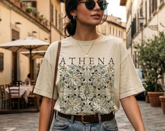 Athena Vintage botanische print T-shirt Griekse godin shirt mythologie kunst T-shirt olijfuil bloemdessin godin wijsheid