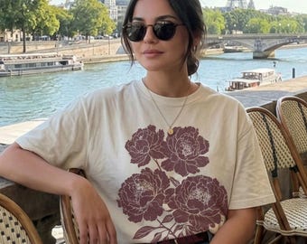 Linocut Flower Comfort Colors® Vintage Style Tshirt, Retro Block Print Peonies Shirt,Ranunculas Woodcut Stamp Tee,Cottagecore Boho Botanical