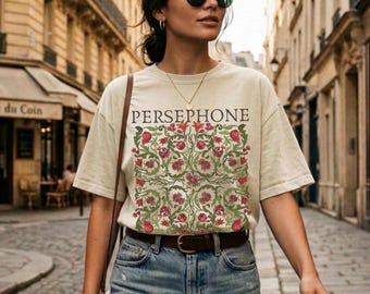 Persephone Vintage Botanical T-Shirt Greek Goddess Shirt Mythology Tee Pomegranate Floral Design Dark Cottagecore Tshirt Art Nouveau Shirt