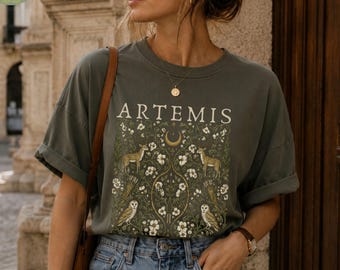 Artemis Botanical Illustration T-Shirt Goddess Shirt Cottagecore Greek Mythology Tee Vintage Botanical Deer Owl Graphic Nature Lover Gift