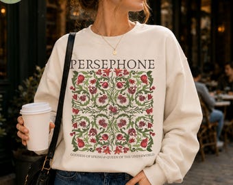 Persephone Vintage Botanical Sweatshirt Greek Goddess Mythology Crewneck Pomegranate Floral Design Dark Cottagecore Art Nouveau Sweatshirt
