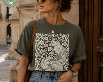 Linocut Botanical Fox Shirt, Vintage Woodland Tee, Engraved Fox Graphic T-Shirt, Cottagecore Shirt, Whimsigoth Clothing, Dark Academia