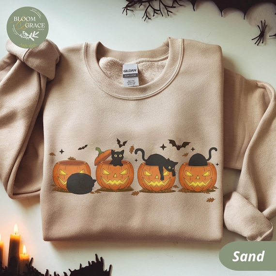 Black Cat Pumpkin Halloween Sweatshirt: Cozy Gildan Fall Sweater