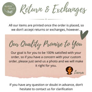 Peut inclure: Graphique avec le texte &laquo;&nbsp;Retours et &eacute;changes&nbsp;&raquo; et &laquo;&nbsp;Notre promesse de qualit&eacute;&nbsp;&raquo;. Le texte explique la politique de la boutique en mati&egrave;re de retours et d'&eacute;changes et assure la satisfaction du client. Un logo pour Bloom & Grace est dans le coin sup&eacute;rieur gauche.