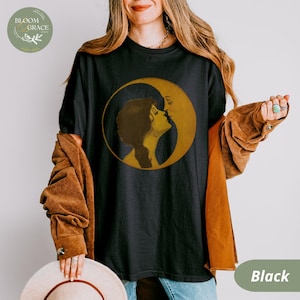 Vintage Illustration Shirt Woman Kissing Moon Tshirt Retro Style Tee Art Nouveau Shirt Comfort Colors Shirt Women Graphic Tee Black