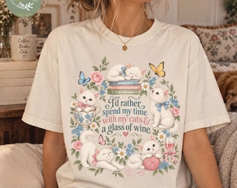 Cats and Wine Shirt, Cottagecore Kitten Comfort Colors Tee, Bookish Cat Lover Gift, Vintage Floral Cat Mom Tshirt