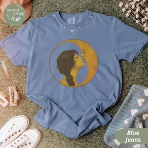 Vintage Illustration Shirt Woman Kissing Moon Tshirt Retro Style Tee Art Nouveau Shirt Comfort Colors Shirt Women Graphic Tee Blue Jean