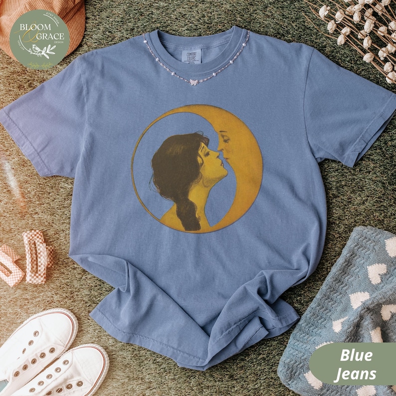 Vintage Illustration Shirt Woman Kissing Moon Tshirt Retro Style Tee Art Nouveau Shirt Comfort Colors Shirt Women Graphic Tee Blue Jean