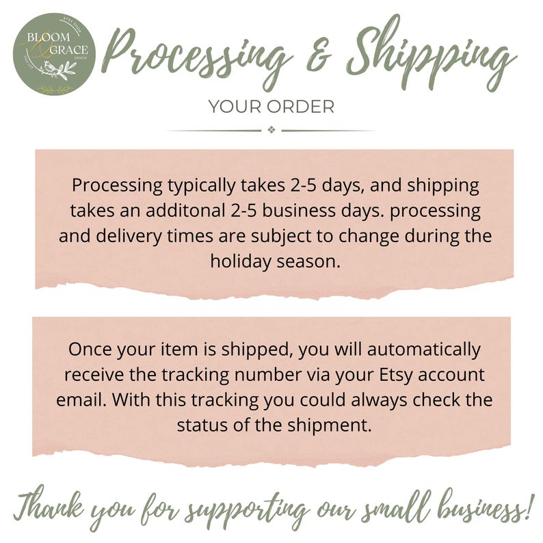 Peut inclure: Graphique avec le texte "Processing & Shipping" et "YOUR ORDER". Il comprend &eacute;galement des informations sur les d&eacute;lais de traitement et d'exp&eacute;dition, et comment suivre une commande. L'image est de Bloom & Grace.