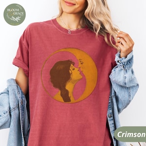 Vintage Illustration Shirt Woman Kissing Moon Tshirt Retro Style Tee Art Nouveau Shirt Comfort Colors Shirt Women Graphic Tee Crimson