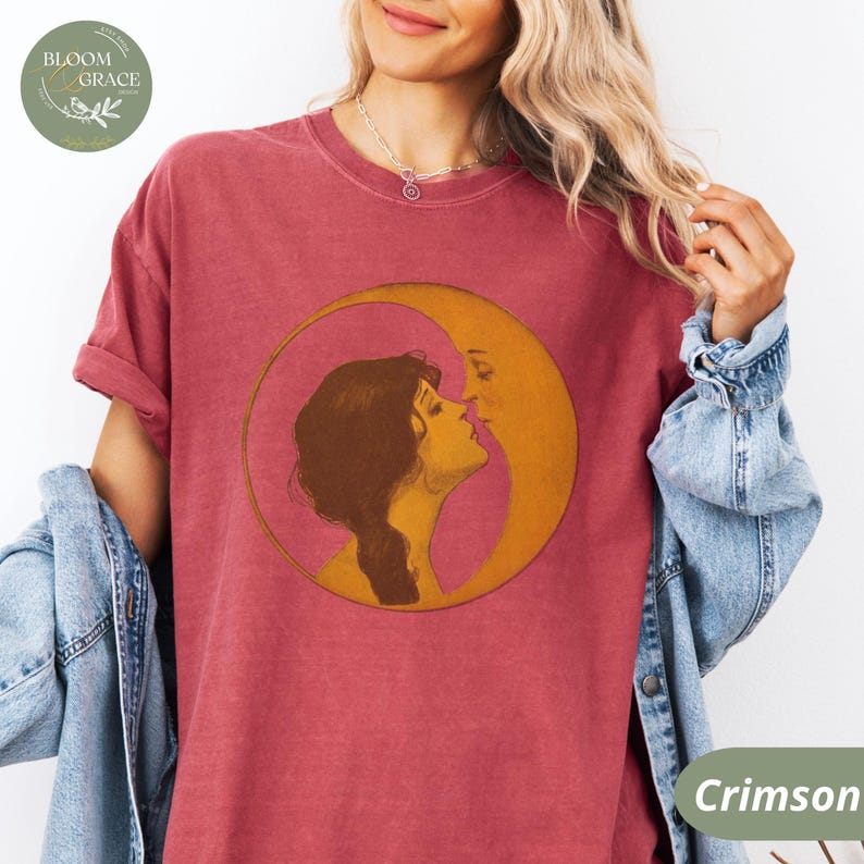 Vintage Illustration Shirt Woman Kissing Moon Tshirt Retro Style Tee Art Nouveau Shirt Comfort Colors Shirt Women Graphic Tee Crimson