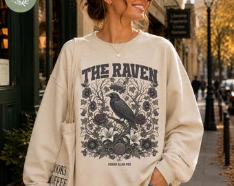 The Raven Botanical Sweatshirt,Vintage Gothic Literary Crewneck,Alan Poe Book Lover Gift,Dark Academia,Literary Botanica Collection