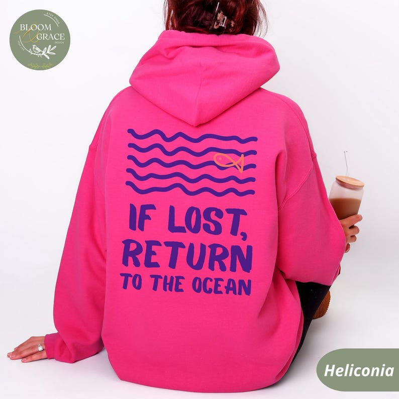 Ocean Doodle Hoodie: 'If Lost, Return to the Ocean' Unisex Beachwear Heliconia